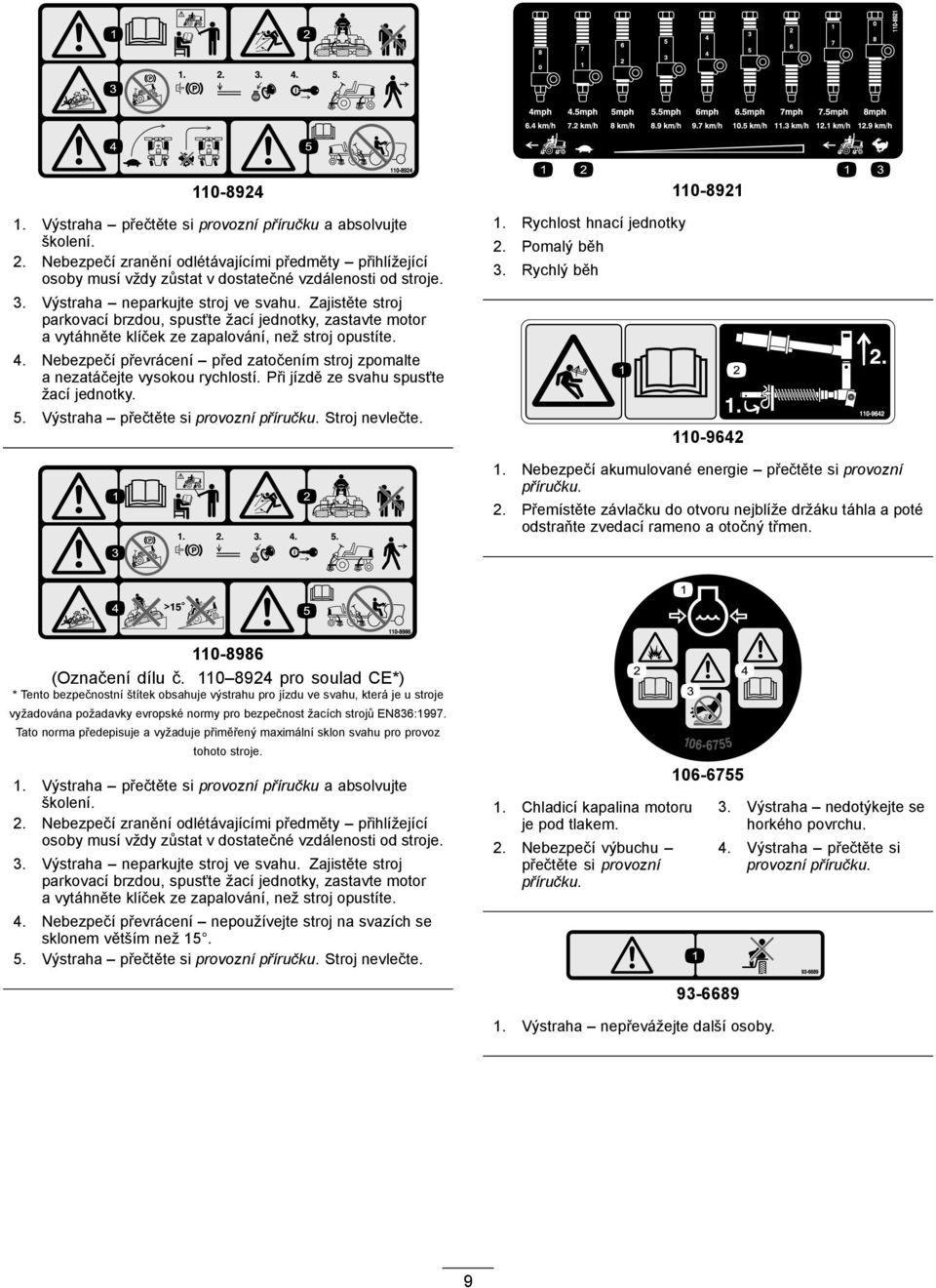 Nebezpečí převrácení před zatočením stroj zpomalte a nezatáčejte vysokou rychlostí. Při jízdě ze svahu spusťte žací jednotky. 5. Výstraha přečtěte si provozní příručku. Stroj nevlečte. 110-8921 1.