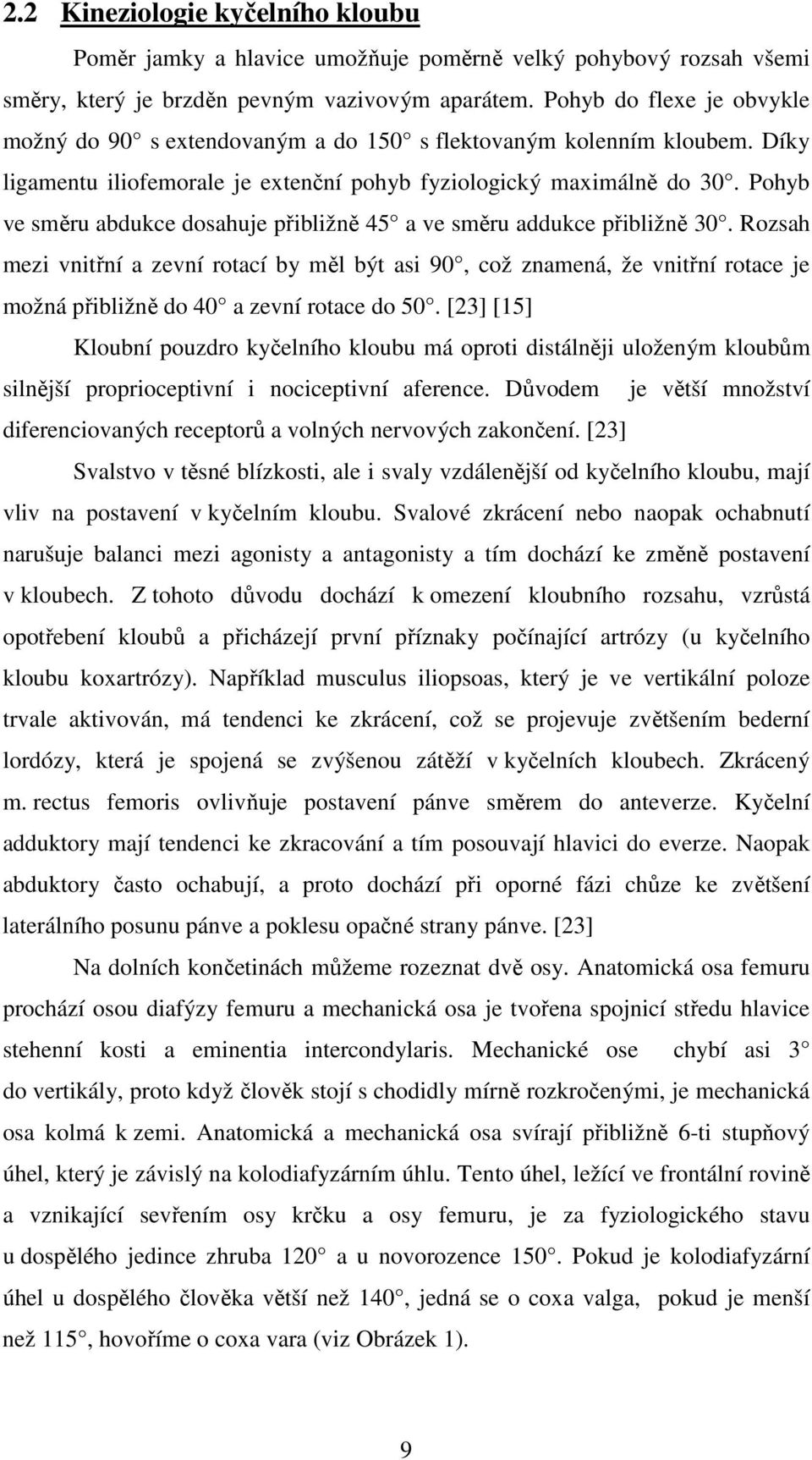Pohyb ve směru abdukce dosahuje přibližně 45 a ve směru addukce přibližně 30.