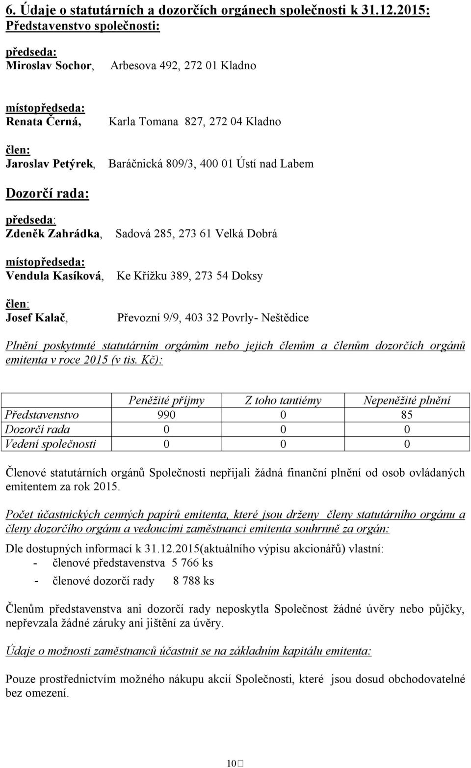 Ústí nad Labem Dozorčí rada: předseda: Zdeněk Zahrádka, místopředseda: Vendula Kasíková, člen: Josef Kalač, Sadová 285, 273 61 Velká Dobrá Ke Křížku 389, 273 54 Doksy Převozní 9/9, 403 32 Povrly-