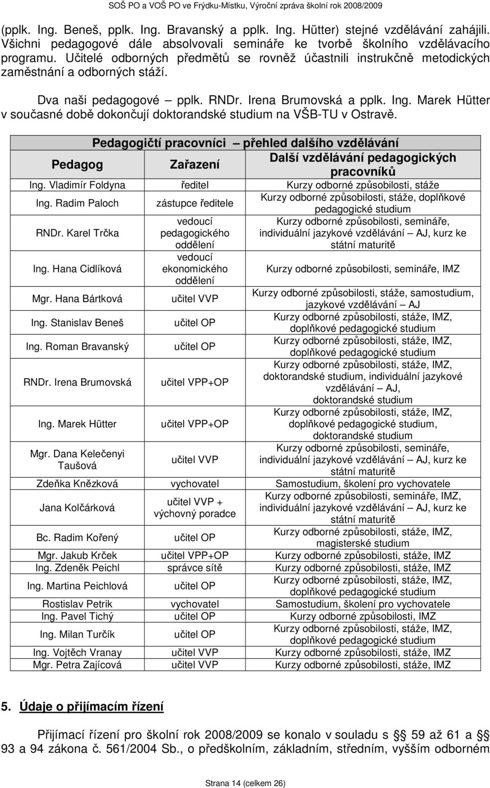Marek Hütter v současné době dokončují doktorandské studium na VŠB-TU v Ostravě. Pedagogičtí pracovníci přehled dalšího vzdělávání Další vzdělávání pedagogických Pedagog Zařazení pracovníků Ing.