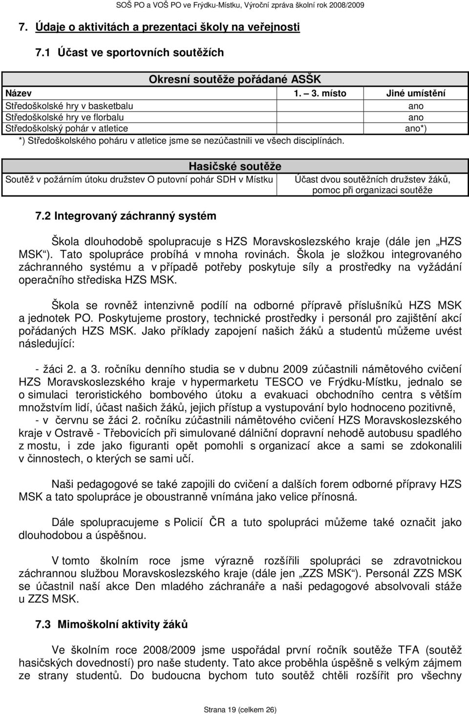 disciplínách. Hasičské soutěže Soutěž v požárním útoku družstev O putovní pohár SDH v Místku Účast dvou soutěžních družstev žáků, pomoc při organizaci soutěže 7.
