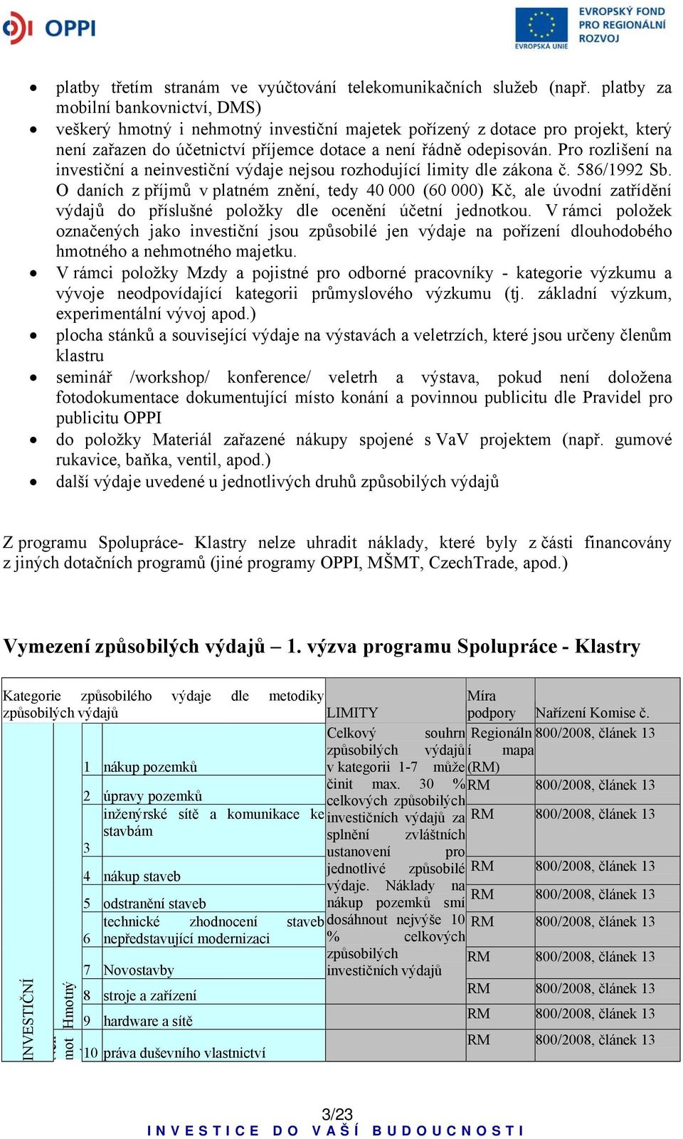 Pro rozlišení na investiční a neinvestiční výdaje nejsou rozhodující limity dle zákona č. 586/1992 Sb.