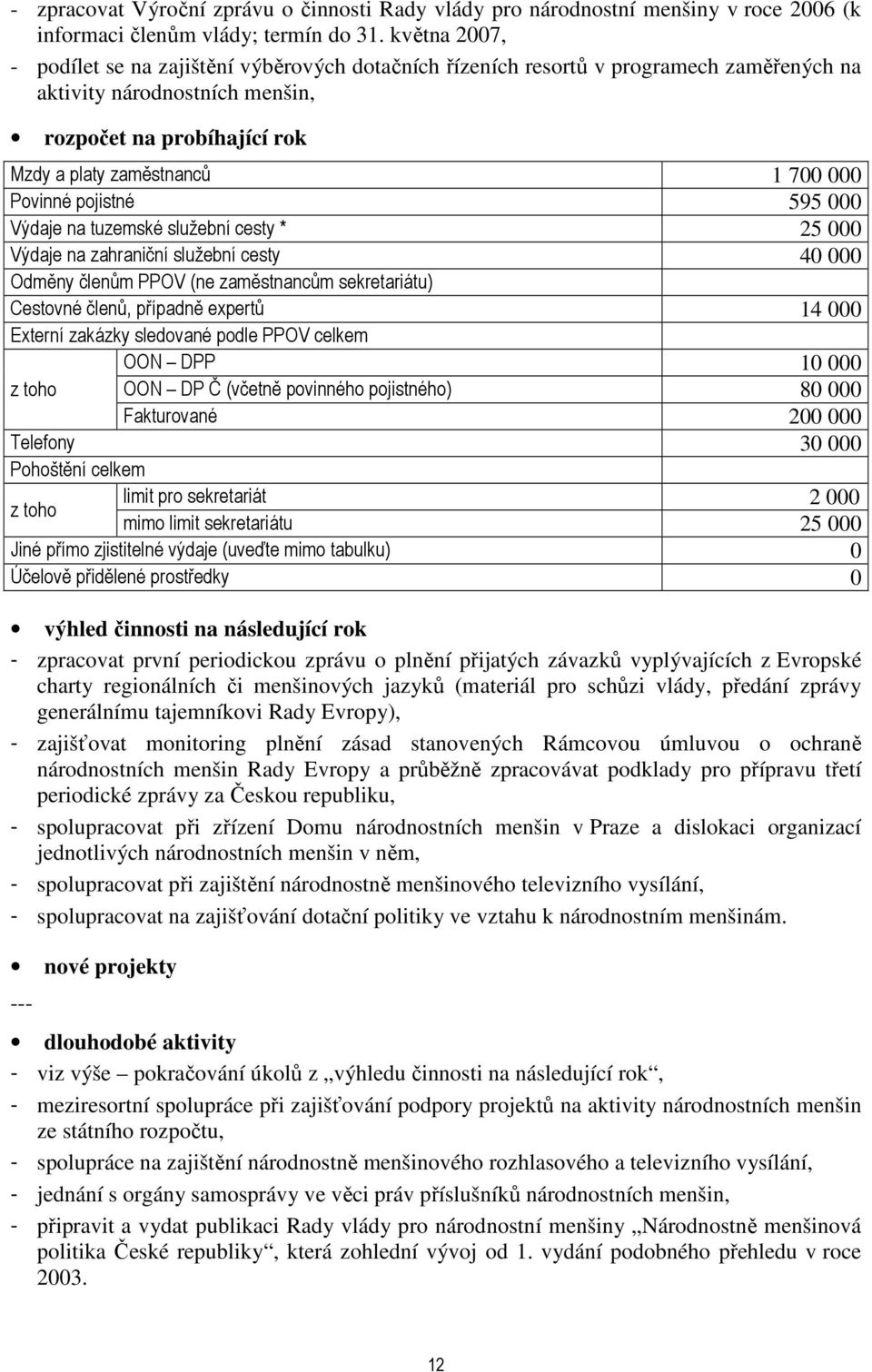 Povinné pojistné 595 000 Výdaje na tuzemské služební cesty * 25 000 Výdaje na zahraniční služební cesty 40 000 Odměny členům PPOV (ne zaměstnancům sekretariátu) Cestovné členů, případně expertů 14