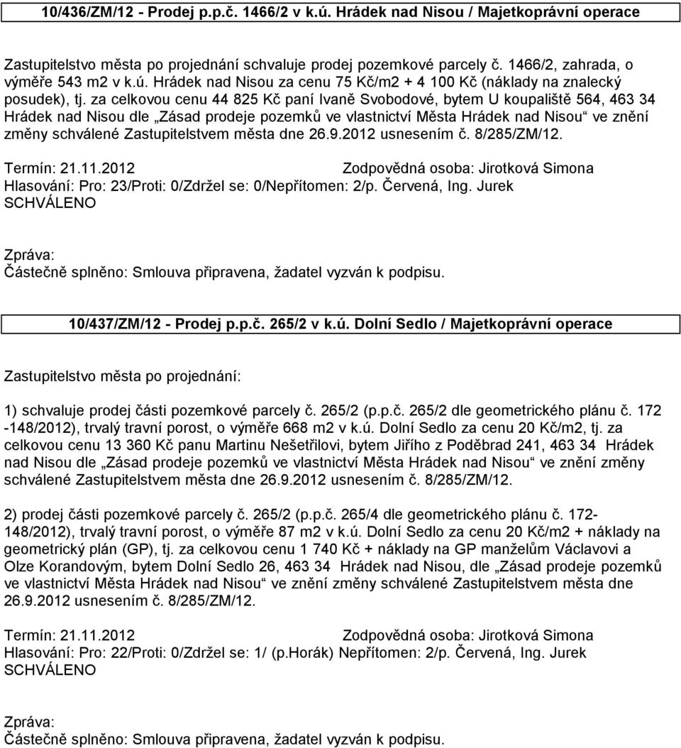 Zastupitelstvem města dne 26.9.2012 usnesením č. 8/285/ZM/12. 10/437/ZM/12 - Prodej p.p.č. 265/2 v k.ú.