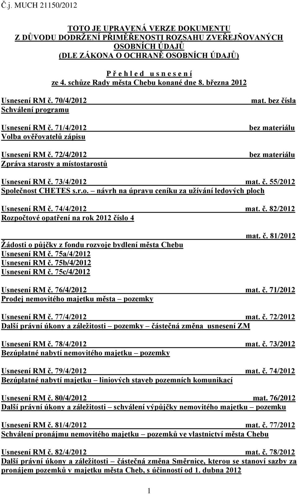 72/4/2012 Zpráva starosty a místostarostů mat. bez čísla bez materiálu bez materiálu Usnesení RM č. 73/4/2012 mat. č. 55/2012 Společnost CHETES s.r.o. návrh na úpravu ceníku za užívání ledových ploch Usnesení RM č.