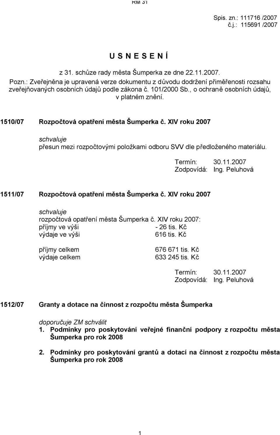 1510/07 Rozpočtová opatření města Šumperka č. XIV roku 2007 přesun mezi rozpočtovými položkami odboru SVV dle předloženého materiálu. Termín: 30.11.2007 Zodpovídá: Ing.