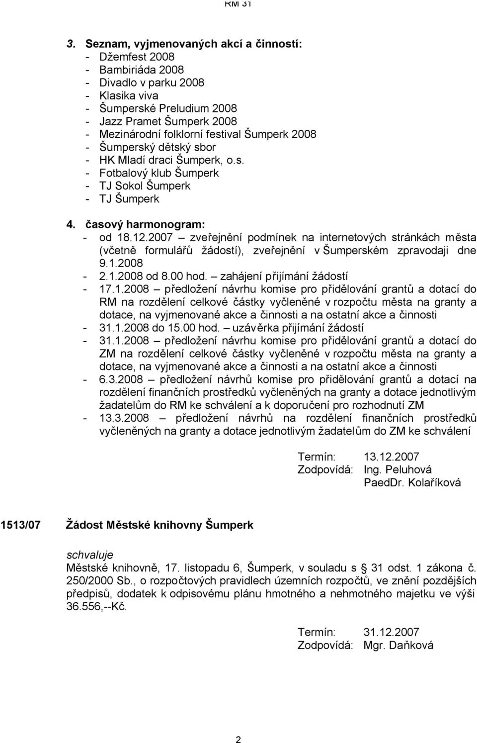 2007 zveřejnění podmínek na internetových stránkách města (včetně formulářů žádostí), zveřejnění v Šumperském zpravodaji dne 9.1.