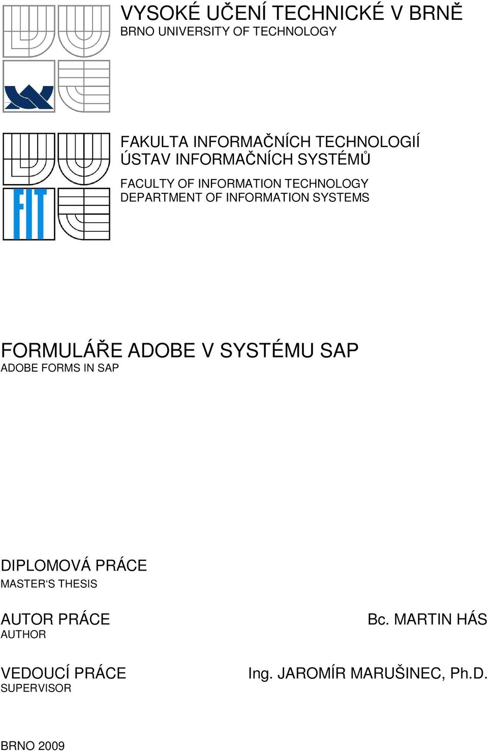 INFORMATION SYSTEMS FORMULÁŘE ADOBE V SYSTÉMU SAP ADOBE FORMS IN SAP DIPLOMOVÁ PRÁCE MASTER