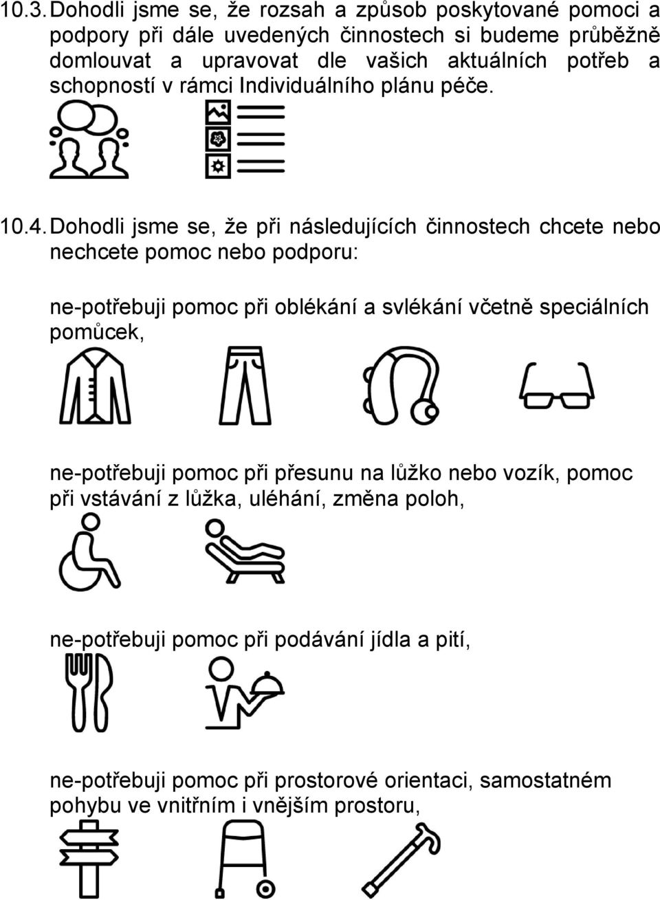 Dohodli jsme se, že při následujících činnostech chcete nebo nechcete pomoc nebo podporu: ne-potřebuji pomoc při oblékání a svlékání včetně speciálních