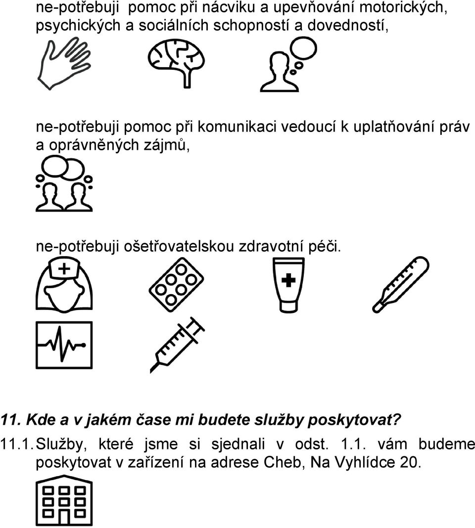 ne-potřebuji ošetřovatelskou zdravotní péči. 11. Kde a v jakém čase mi budete služby poskytovat? 11.1.Služby, které jsme si sjednali v odst.
