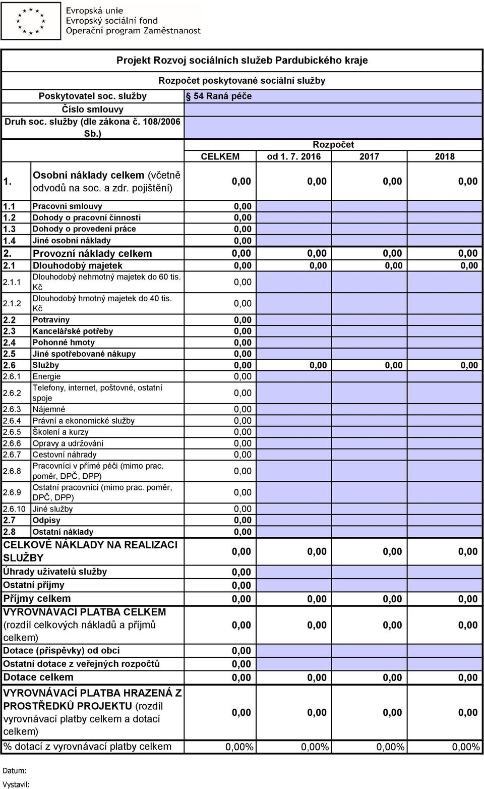 2 Dohody o pracovní činnosti 0,00 1.3 Dohody o provedení práce 0,00 1.4 Jiné osobní náklady 0,00 2. Provozní náklady celkem 0,00 0,00 0,00 0,00 2.1 Dlouhodobý majetek 0,00 0,00 0,00 0,00 2.1.1 Dlouhodobý nehmotný majetek do 60 tis.