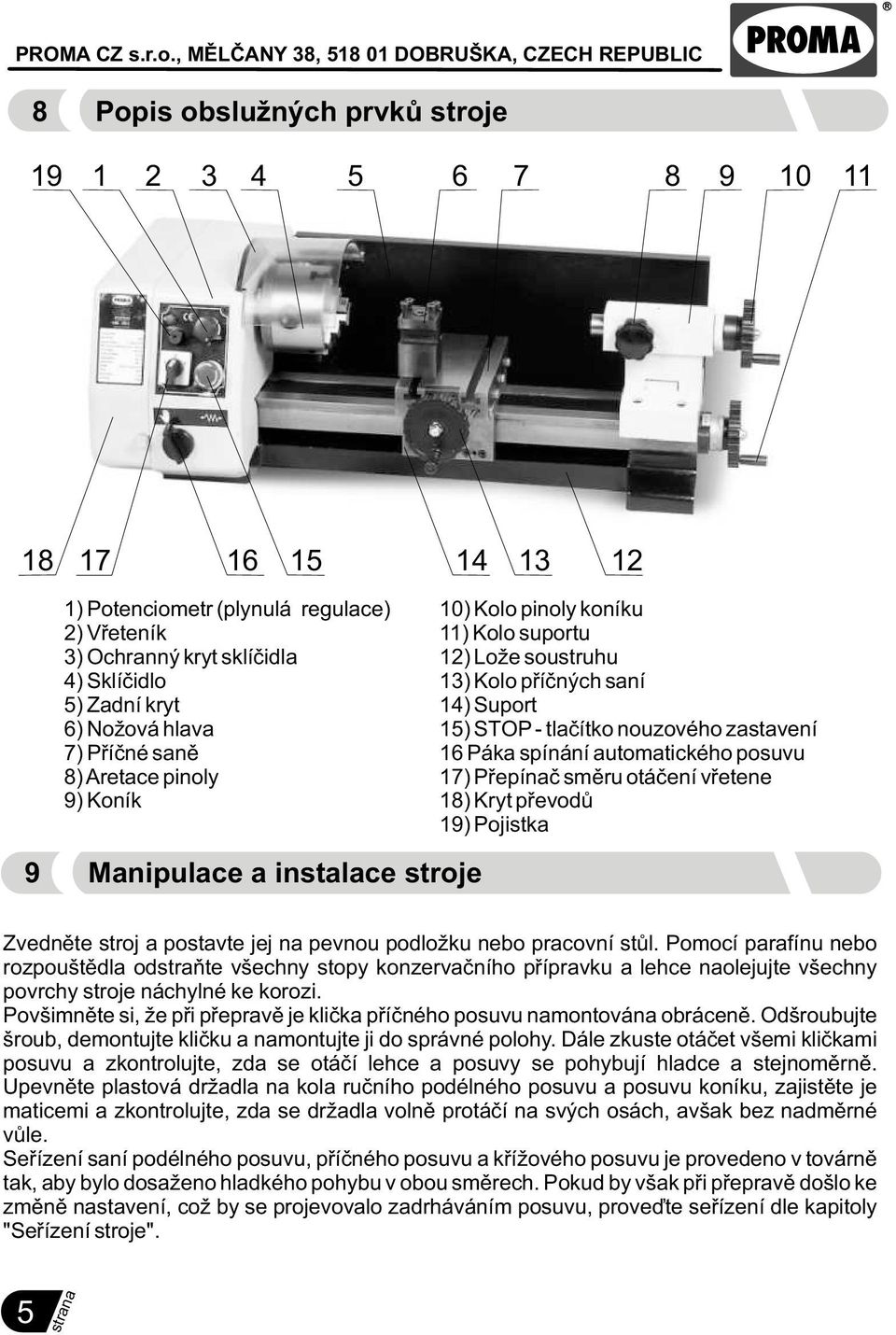 zastavení 16 Páka spínání automatického posuvu 17) Pøepínaè smìru otáèení vøetene 18) Kryt pøevodù 19) Pojistka Zvednìte stroj a postavte jej na pevnou podložku nebo pracovní stùl.