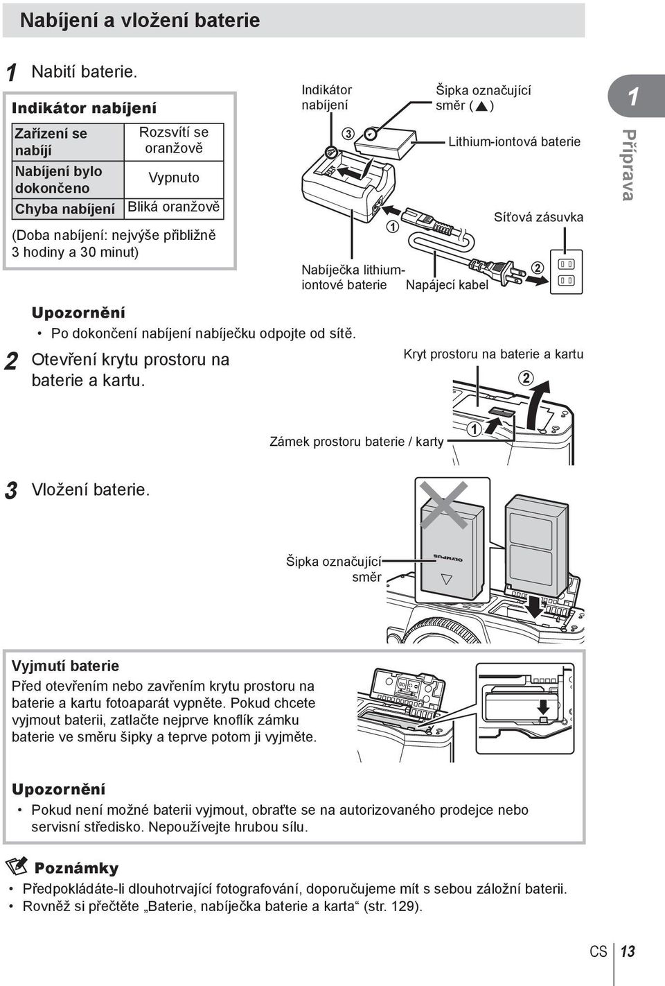 Upozornění Po dokončení nabíjení nabíječku odpojte od sítě. Otevření krytu prostoru na baterie a kartu.