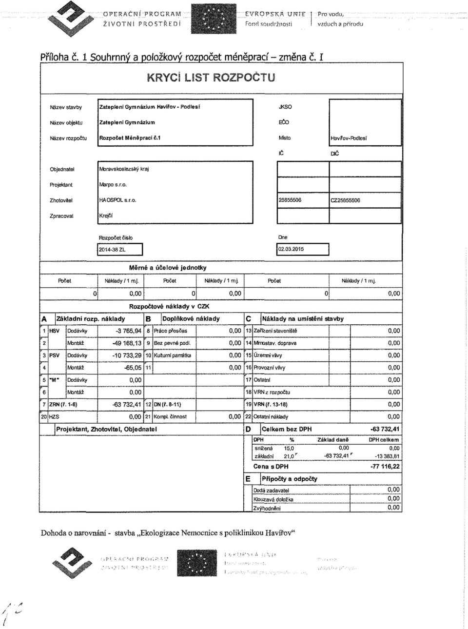 1 Msto HavSFov-Fbdlesí DIČ Objednatel Moravskoslezský kraj Projektant Marpo s.r.o. Zhotovitel Zpracoval HAOSPOL s.r.o. Krejčí 25855506 CZ25855506 Rozpočet čelo Dne 2014-38 ZL 02.03.