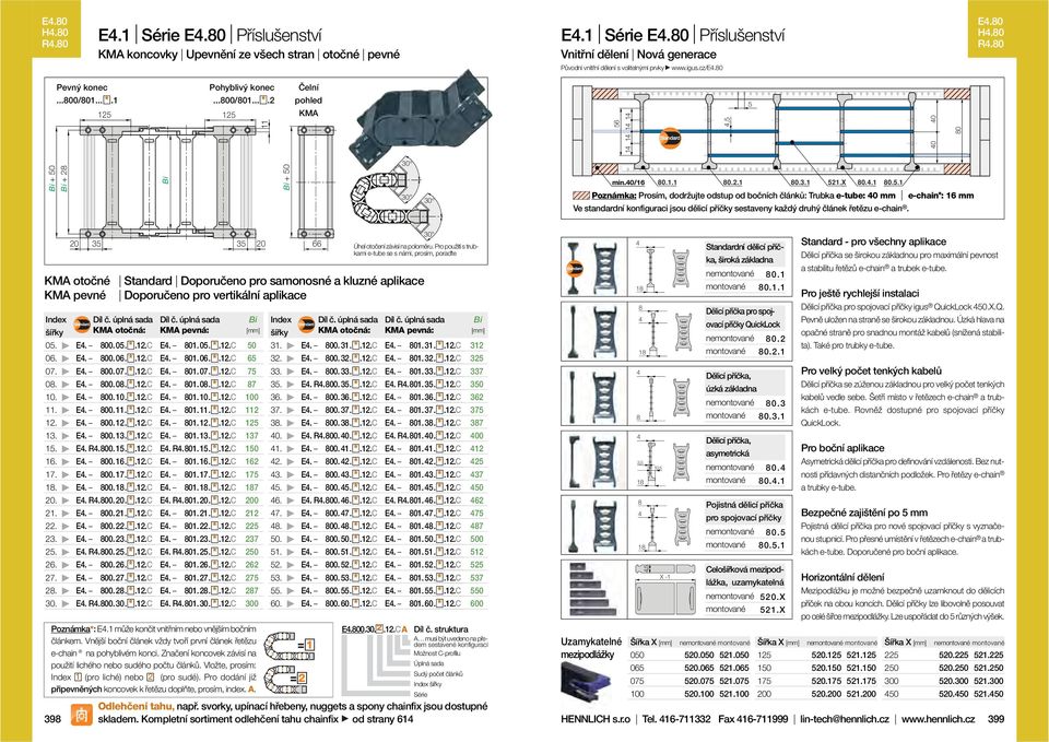 .1 80..1 1.X 80..1 80..1 Poznámka: Prosím, dodržujte odstup od bočních článků: Trubka e-tube: 0 mm e-chain : 16 mm Ve standardní konfiguraci jsou dělicí příčky sestaveny každý druhý článek řetězu e-chain.
