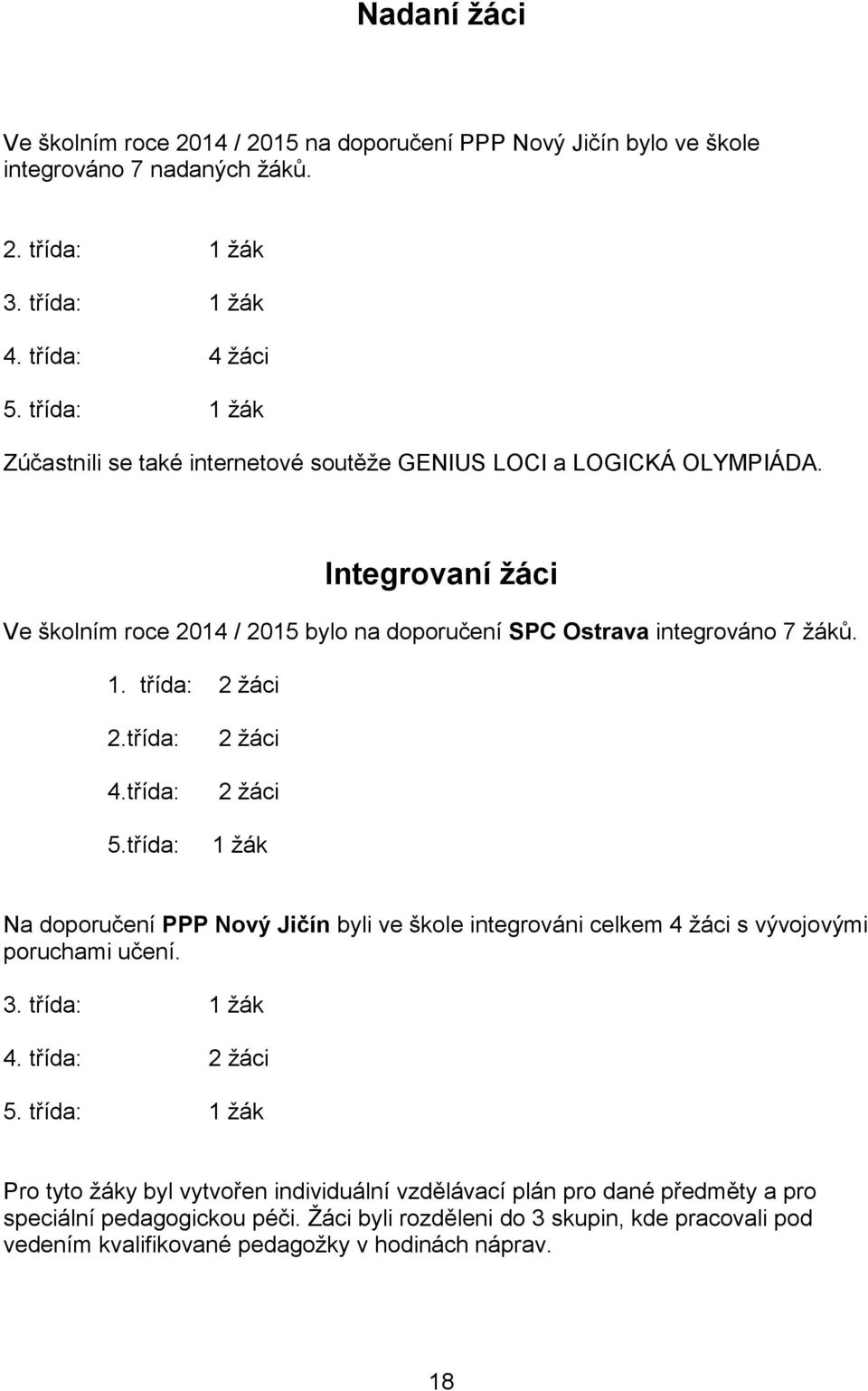 třída: 4.třída: 5.třída: 2 žáci 2 žáci 1 žák Na doporučení PPP Nový Jičín byli ve škole integrováni celkem 4 žáci s vývojovými poruchami učení. 3. třída: 1 žák 4. třída: 2 žáci 5.