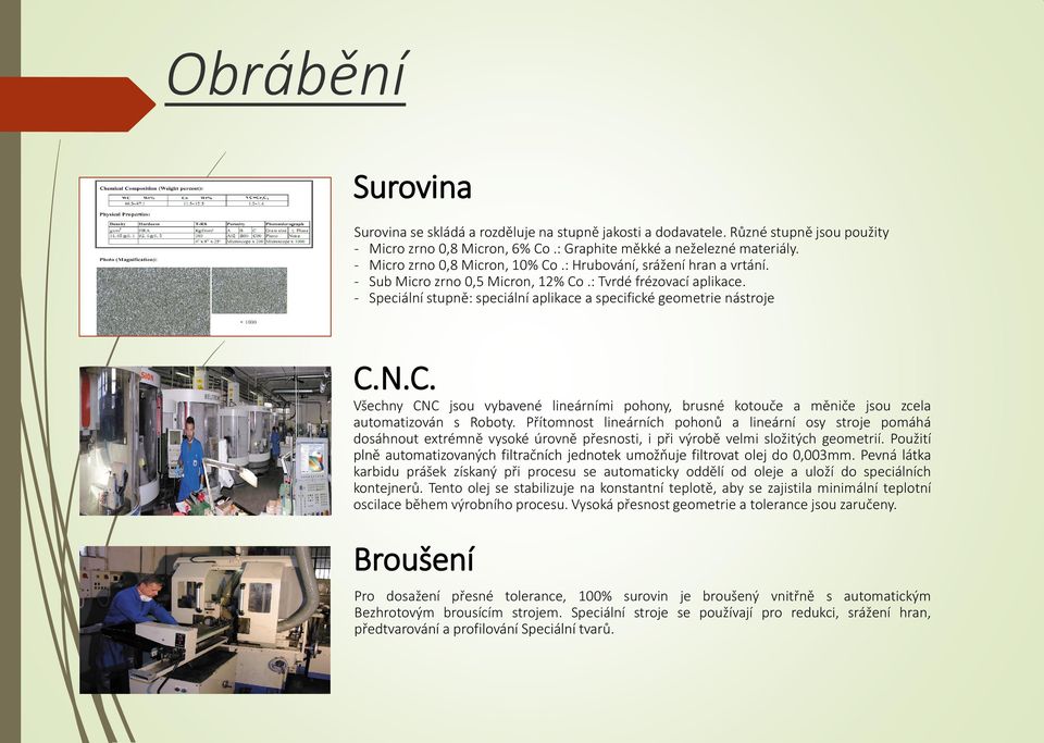 - Speciální stupně: speciální aplikace a specifické geometrie nástroje C.N.C. Všechny CNC jsou vybavené lineárními pohony, brusné kotouče a měniče jsou zcela automatizován s Roboty.