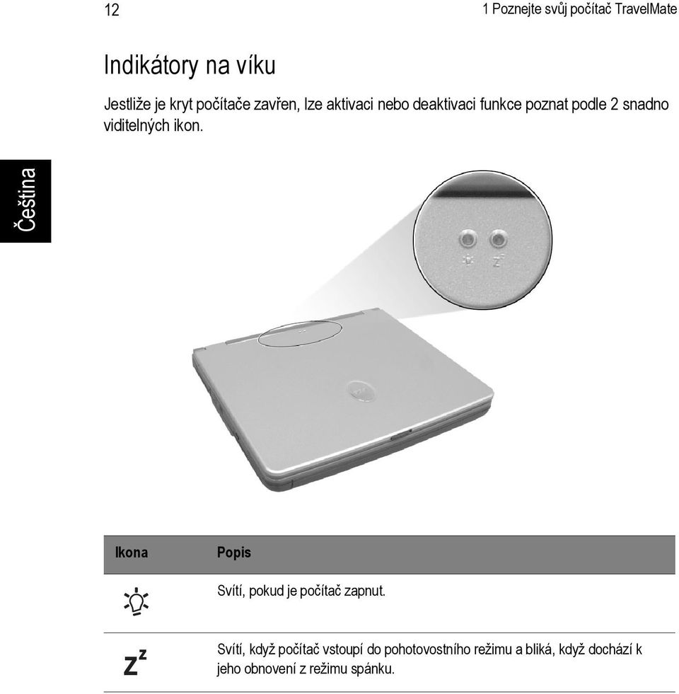 viditelných ikon. Ikona Popis Svítí, pokud je počítač zapnut.