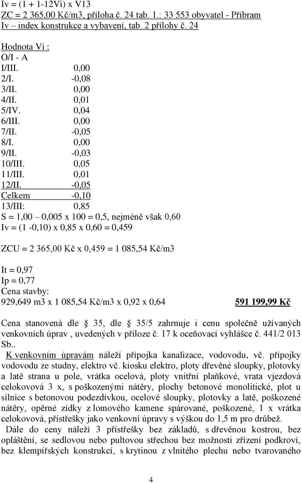 -0,05 Celkem -0,10 13/III: 0,85 S = 1,00 0,005 x 100 = 0,5, nejméně však 0,60 Iv = (1-0,10) x 0,85 x 0,60 = 0,459 ZCU = 2 365,00 Kč x 0,459 = 1 085,54 Kč/m3 It = 0,97 Ip = 0,77 Cena stavby: 929,649