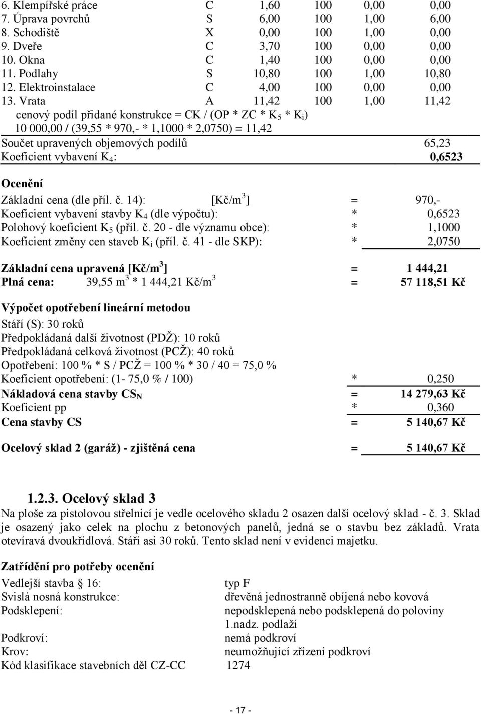 Vrata A 11,42 100 1,00 11,42 cenový podíl přidané konstrukce = CK / (OP * ZC * K 5 * K i ) 10 000,00 / (39,55 * 970,- * 1,1000 * 2,0750) = 11,42 Součet upravených objemových podílů 65,23 Koeficient