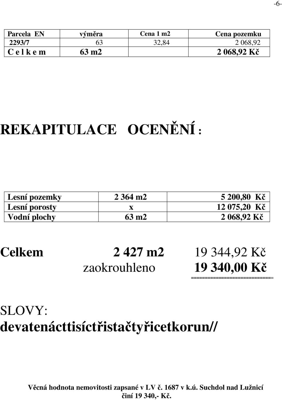 068,92 Kč Celkem 2 427 m2 19 344,92 Kč zaokrouhleno 19 340,00 Kč ============================== SLOVY: