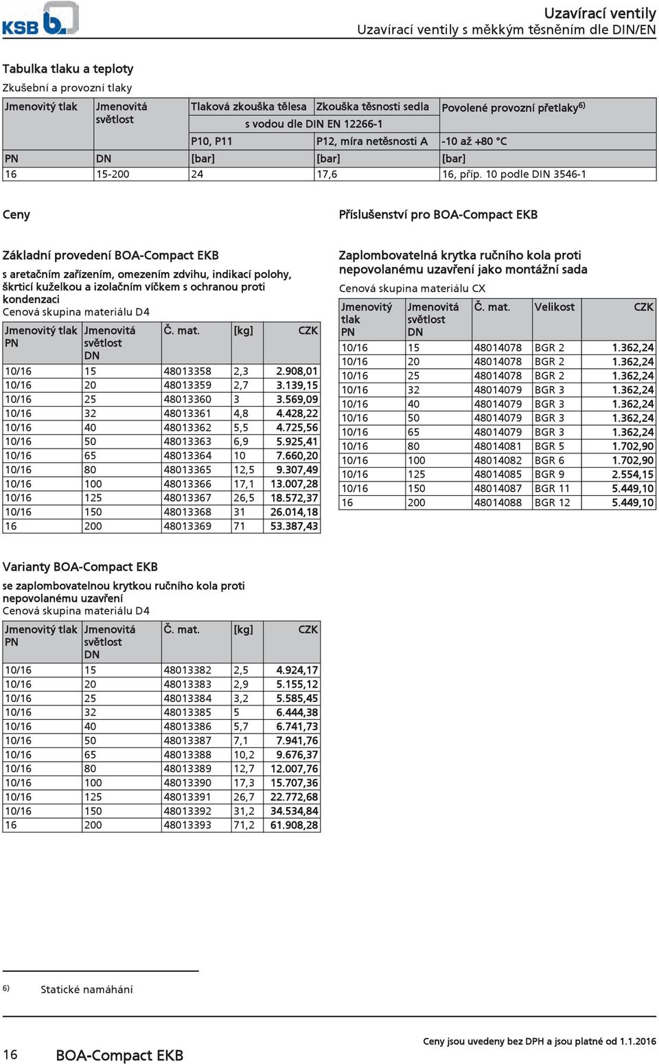 10 podle DIN 3546-1 Ceny Příslušenství pro BOA-Compact EKB Základní provedení BOA-Compact EKB s aretačním zařízením, omezením zdvihu, indikací polohy, škrticí kuželkou a izolačním víčkem s ochranou