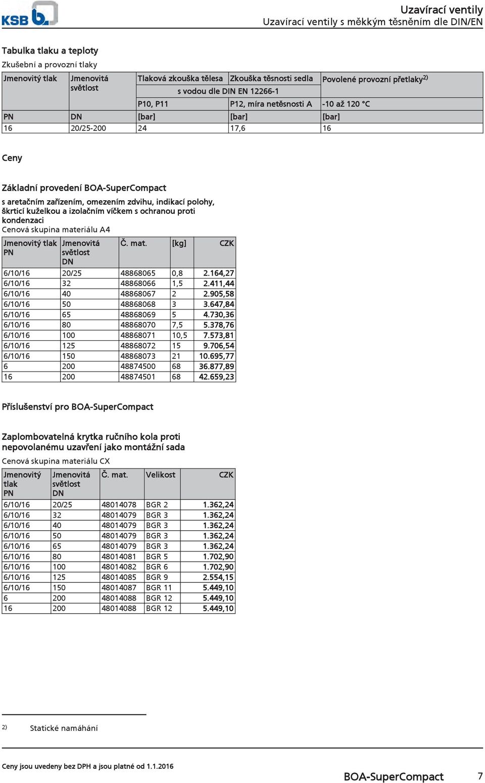 zařízením, omezením zdvihu, indikací polohy, škrticí kuželkou a izolačním víčkem s ochranou proti kondenzaci Cenová skupina materiálu A4 Jmenovitý tlak Jmenovitá světlost Č. mat. [kg] CZK 6/10/16 20/25 48868065 0,8 2.