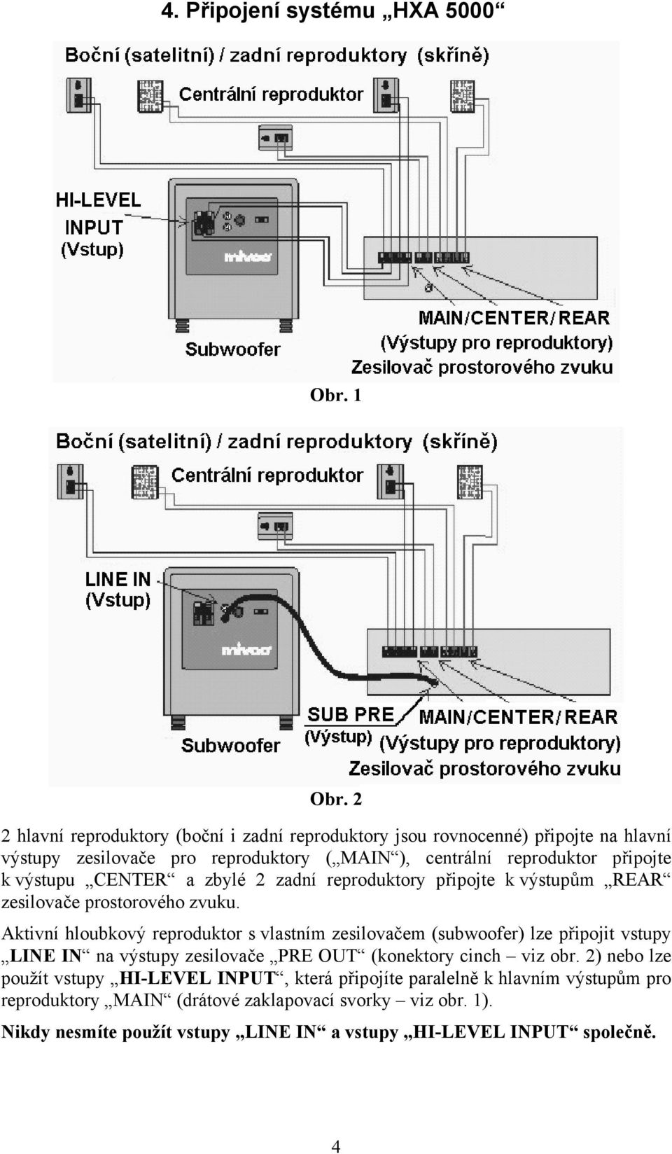 výstupu CENTER a zbylé 2 zadní reproduktory připojte k výstupům REAR zesilovače prostorového zvuku.