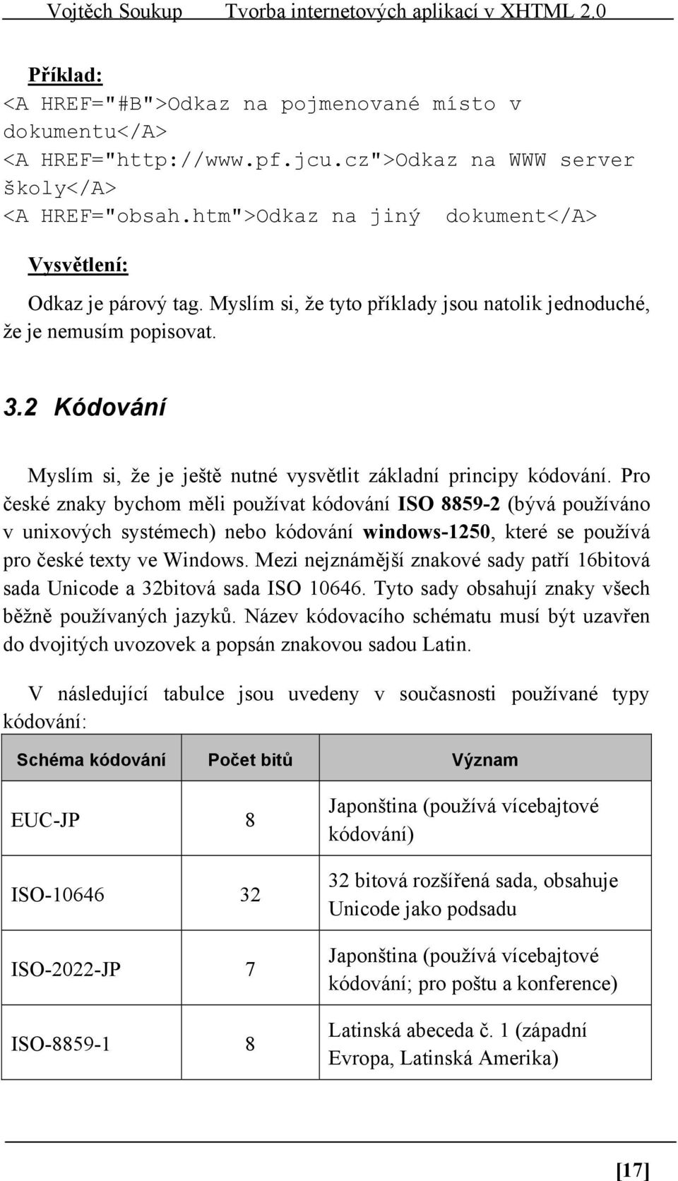 Pro české znaky bychom měli používat kódování ISO 8859-2 (bývá používáno v unixových systémech) nebo kódování windows-1250, které se používá pro české texty ve Windows.