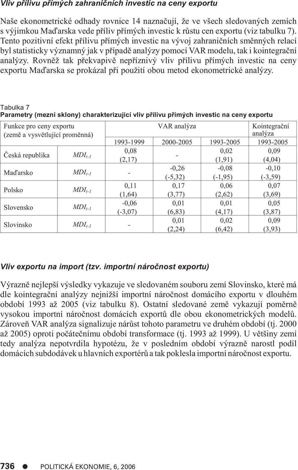 Tento pozitivní efekt pøílivu pøímých investic na vývoj zahranièních smìnných relací byl statisticky významný jak v pøípadì analýzy pomocí VAR modelu, tak i kointegraèní analýzy.