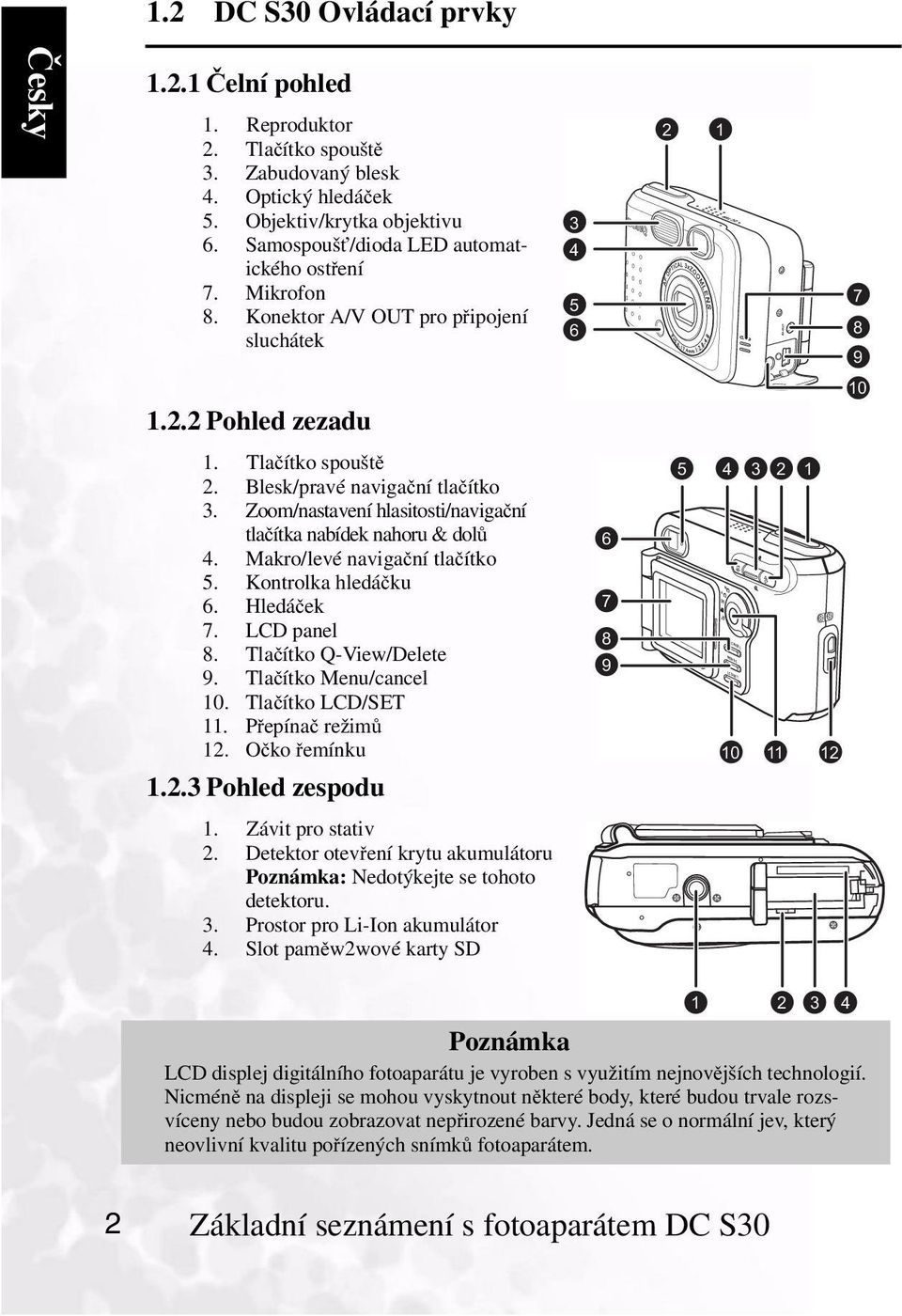 Zoom/nastavení hlasitosti/navigační tlačítka nabídek nahoru & dolů 4. Makro/levé navigační tlačítko 5. Kontrolka hledáčku 6. Hledáček 7. LCD panel 8. Tlačítko Q-View/Delete 9. Tlačítko Menu/cancel 10.