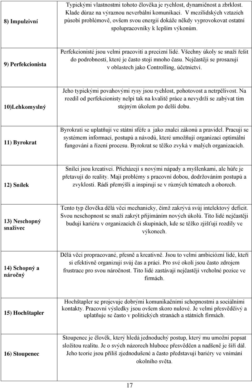 Všechny úkoly se snaží řešit do podrobností, které je často stojí mnoho času. Nejčastěji se prosazují v oblastech jako Controlling, účetnictví.