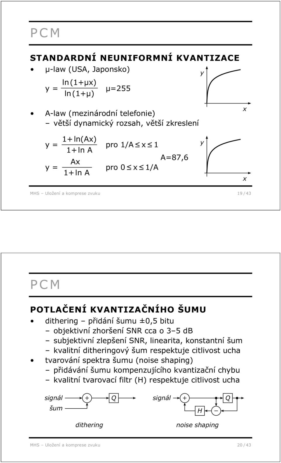 zhoršení SNR cca o 3 5 db subjektivní zlepšení SNR, linearita, konstantní šum kvalitní ditheringový šum respektuje citlivost ucha tvarování spektra šumu (noise shaping)