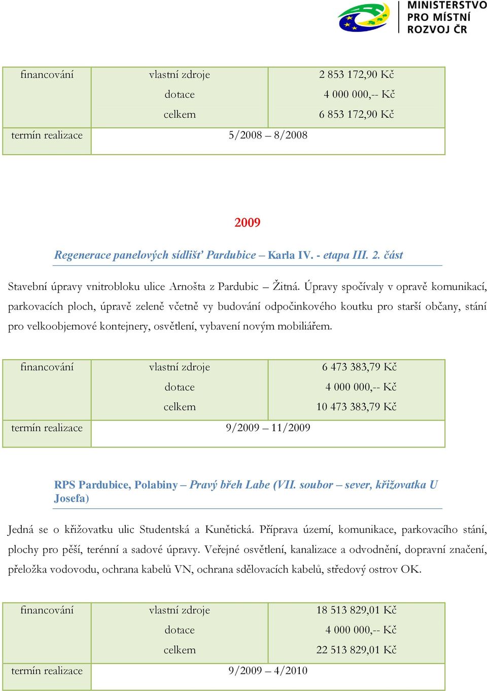 mobiliářem. termín realizace 9/2009 11/2009 6 473 383,79 Kč 10 473 383,79 Kč RPS Pardubice, Polabiny Pravý břeh Labe (VII.