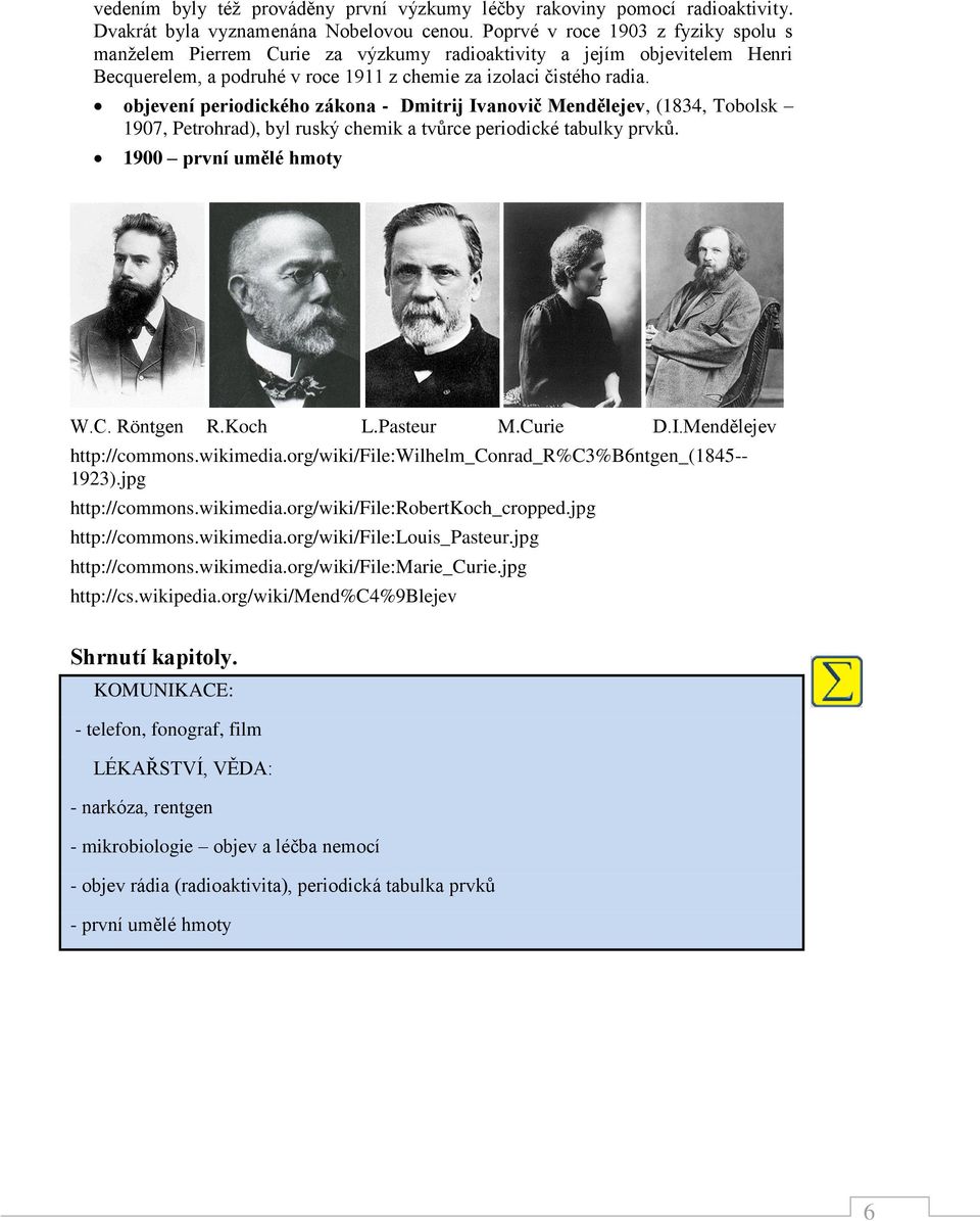 objevení periodického zákona - Dmitrij Ivanovič Mendělejev, (1834, Tobolsk 1907, Petrohrad), byl ruský chemik a tvůrce periodické tabulky prvků. 1900 první umělé hmoty W.C. Röntgen R.Koch L.Pasteur M.