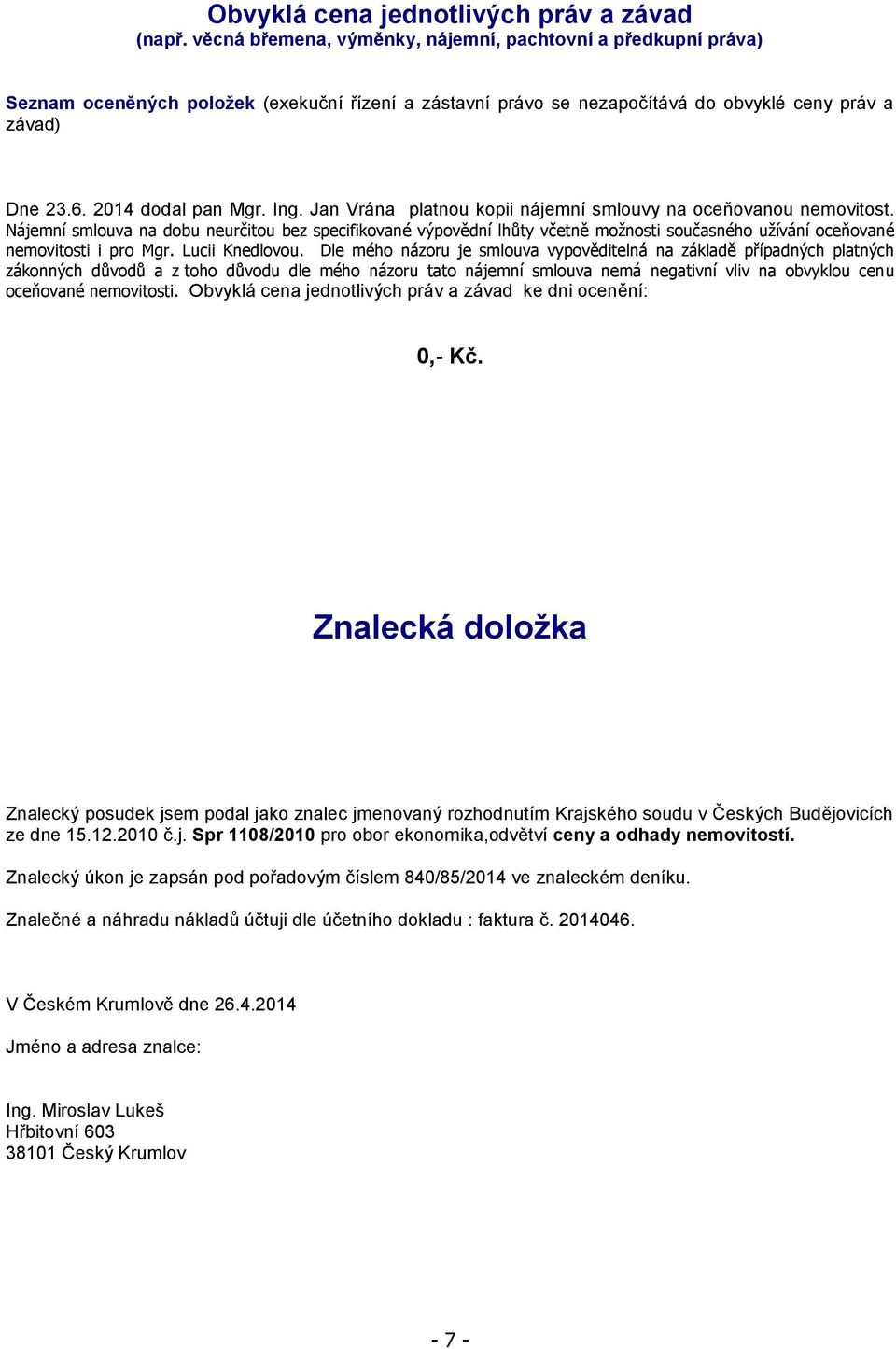 Ing. Jan Vrána platnou kopii nájemní smlouvy na oceňovanou nemovitost.