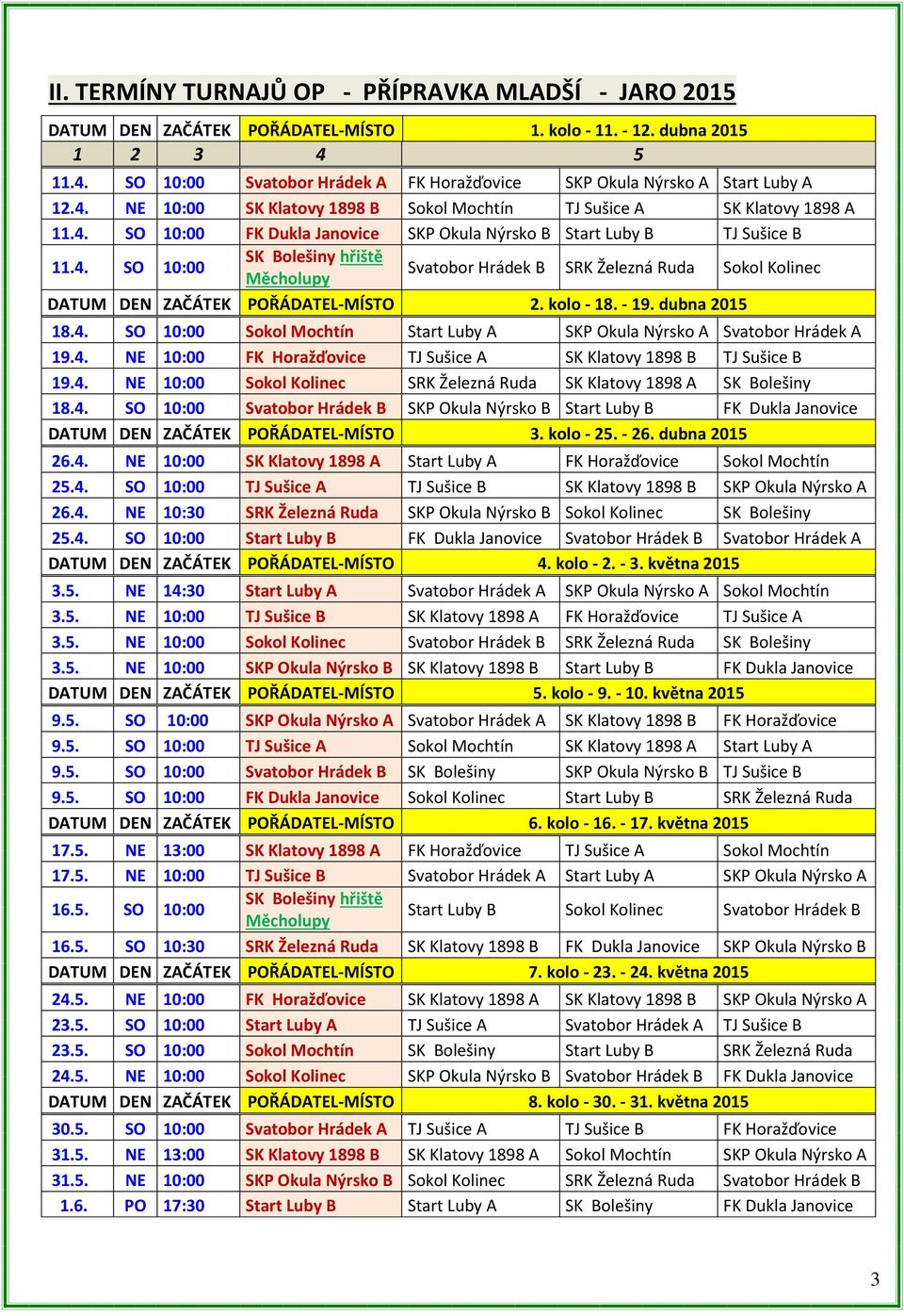 4. SO 10:00 Svatobor Hrádek B SRK Železná Ruda Sokol Kolinec Měcholupy DATUM DEN ZAČÁTEK POŘÁDATEL-MÍSTO 2. kolo - 18. - 19. dubna 2015 18.4. SO 10:00 Sokol Mochtín Start Luby A SKP Okula Nýrsko A Svatobor Hrádek A 19.