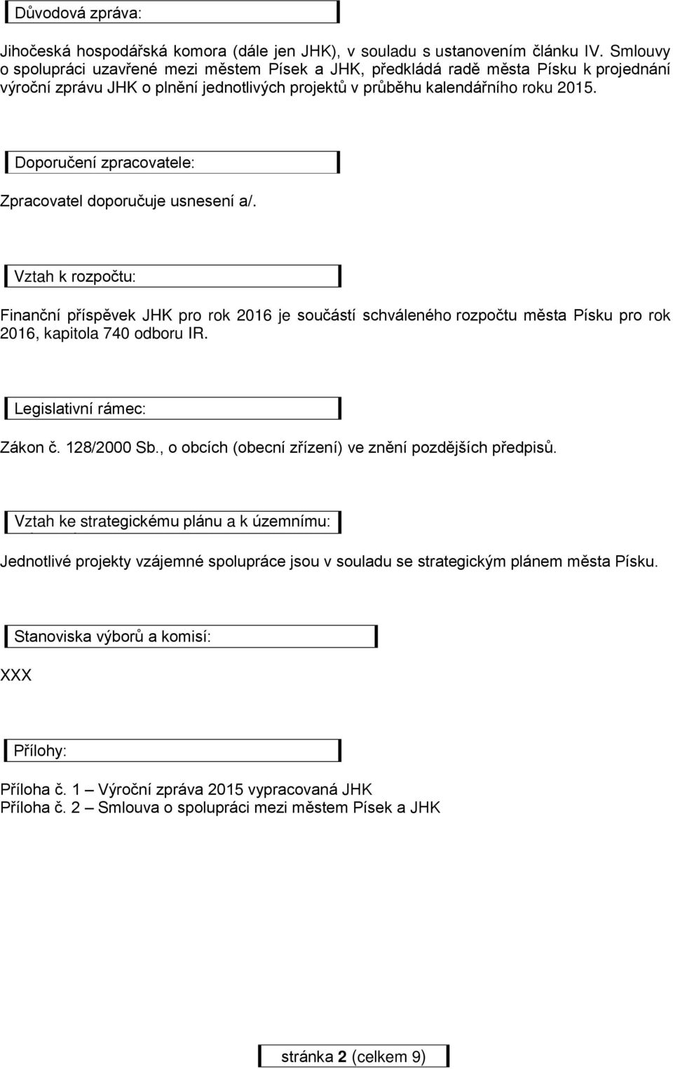 Doporučení zpracovatele: Zpracovatel doporučuje usnesení a/. Vztah k rozpočtu: Finanční příspěvek JHK pro rok 2016 je součástí schváleného rozpočtu města Písku pro rok 2016, kapitola 740 odboru IR.