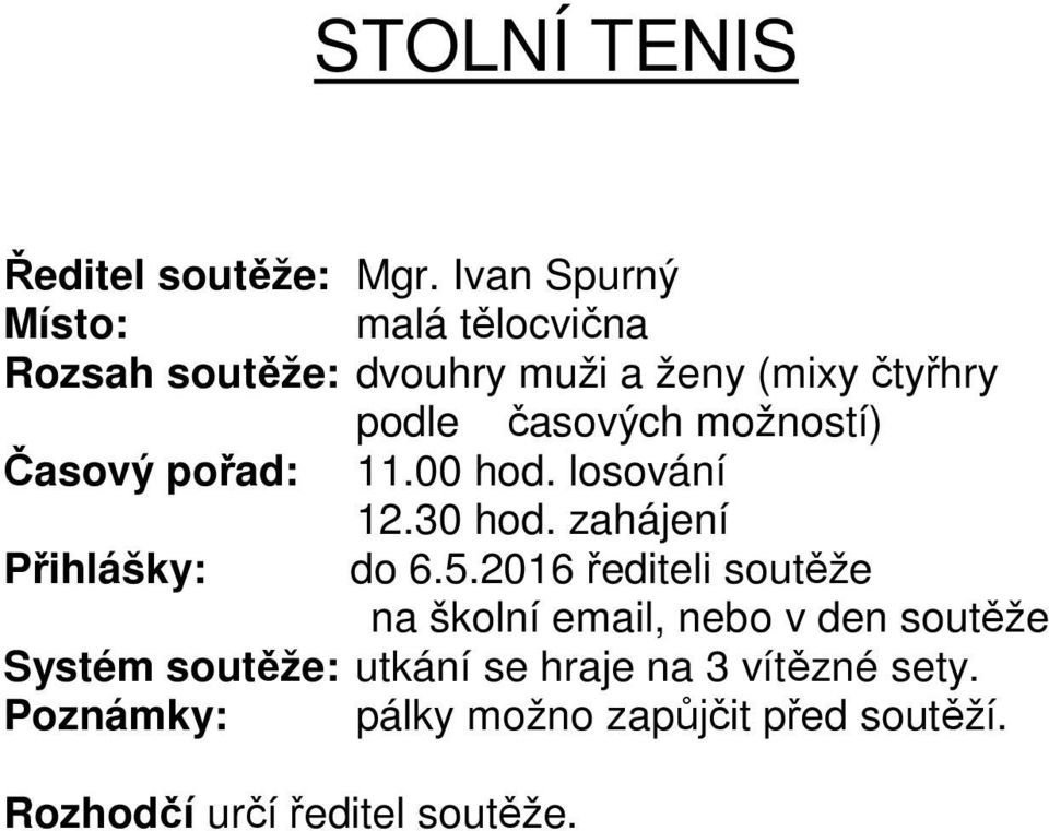 možností) Časový pořad: 11.00 hod. losování 12.30 hod. zahájení Přihlášky: do 6.5.