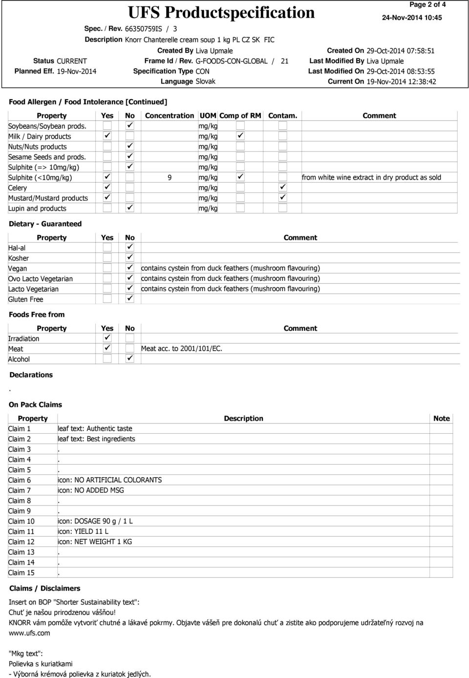Comp of RM Contam Soybeans/Soybean prods Milk / Dairy products Nuts/Nuts products Sesame Seeds and prods Sulphite (=> 10) Sulphite (<10) 9 Celery Mustard/Mustard products Lupin and products Comment