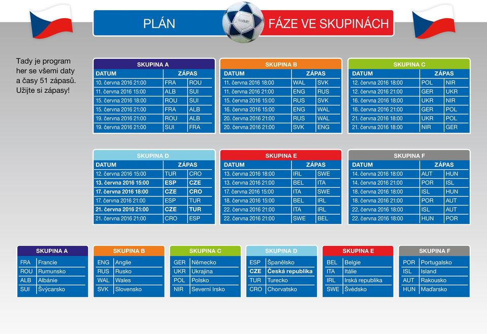 UKR 15 června 2016 18:00 ROU SUI 15 června 2016 15:00 RUS SVK 16 června 2016 18:00 UKR NIR 15 června 2016 21:00 FRA ALB 16 června 2016 15:00 ENG WAL 16 června 2016 21:00 GER POL 19 června 2016 21:00