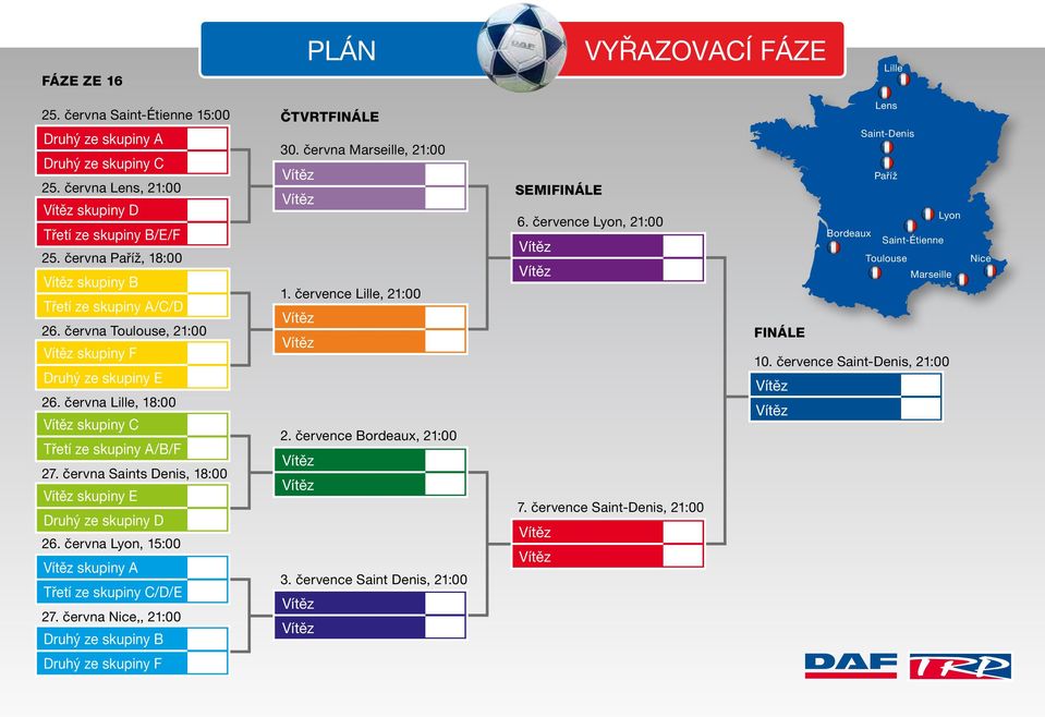 Lyon, 15:00 skupiny A Třetí ze skupiny C/D/E 27 června Nice,, 21:00 Druhý ze skupiny B ČTVRTFINÁLE 30 června Marseille, 21:00 1 července Lille, 21:00 2 července Bordeaux, 21:00 3 července Saint