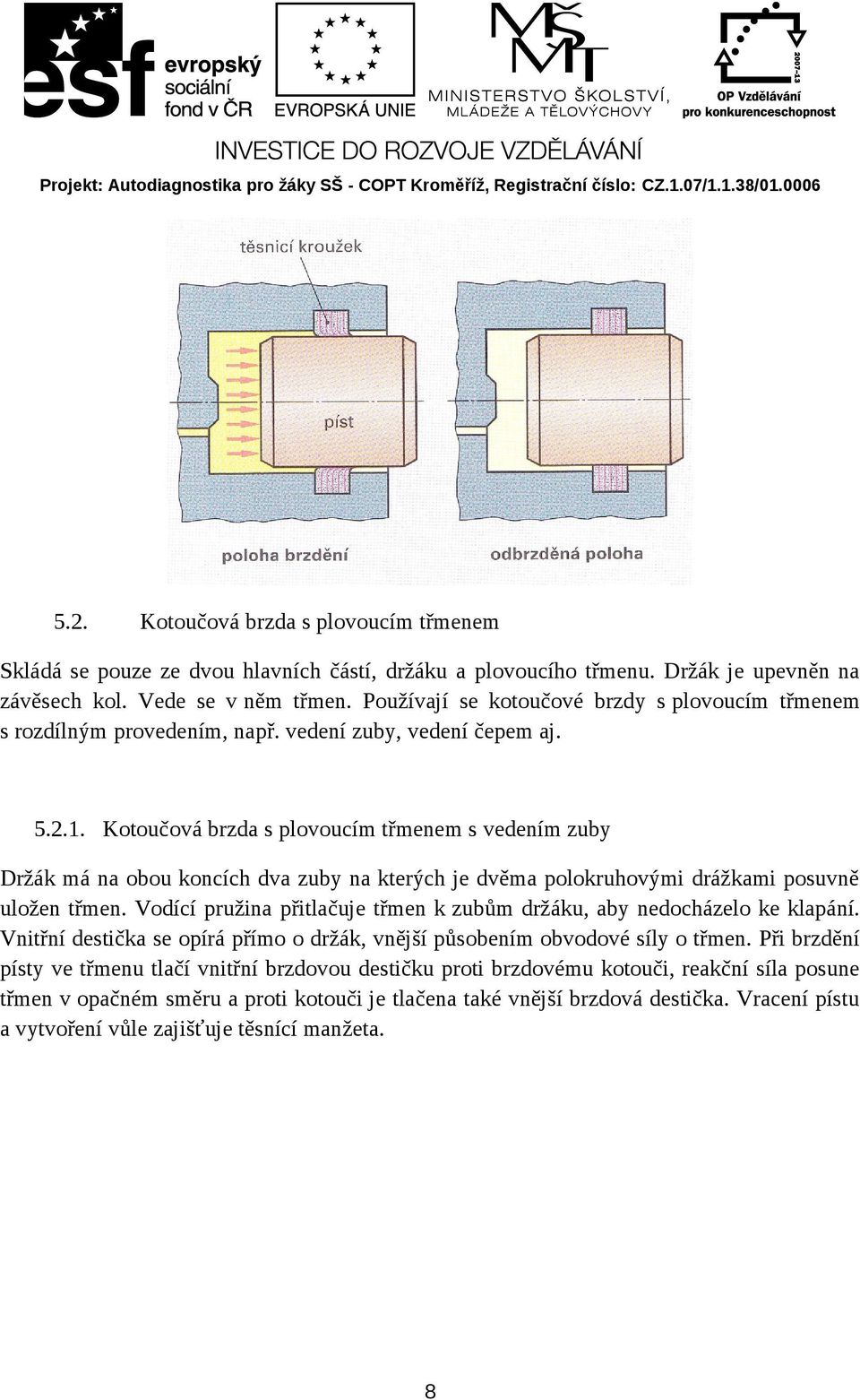 Kotoučová brzda s plovoucím třmenem s vedením zuby Držák má na obou koncích dva zuby na kterých je dvěma polokruhovými drážkami posuvně uložen třmen.