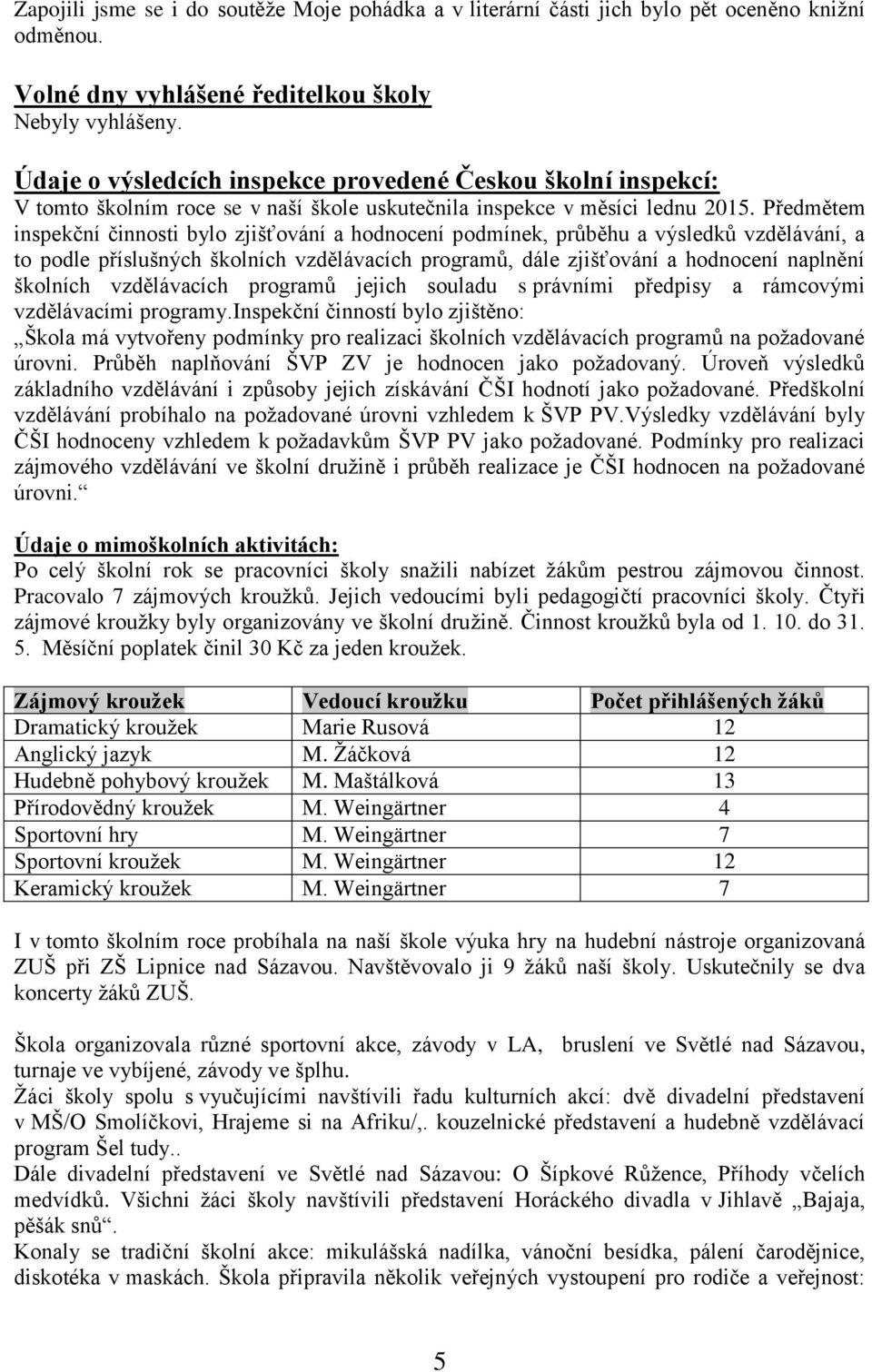 Předmětem inspekční činnosti bylo zjišťování a hodnocení podmínek, průběhu a výsledků vzdělávání, a to podle příslušných školních vzdělávacích programů, dále zjišťování a hodnocení naplnění školních