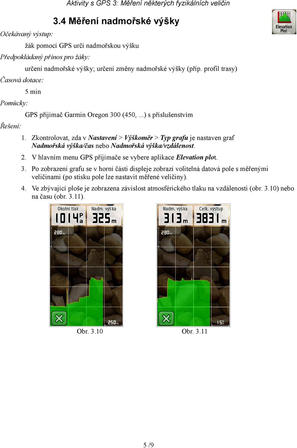 V hlavním menu GPS přijímače se vybere aplikace Elevation plot. 3.