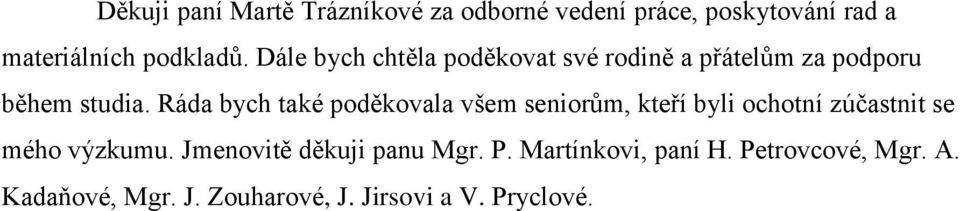 Ráda bych také poděkovala všem seniorům, kteří byli ochotní zúčastnit se mého výzkumu.