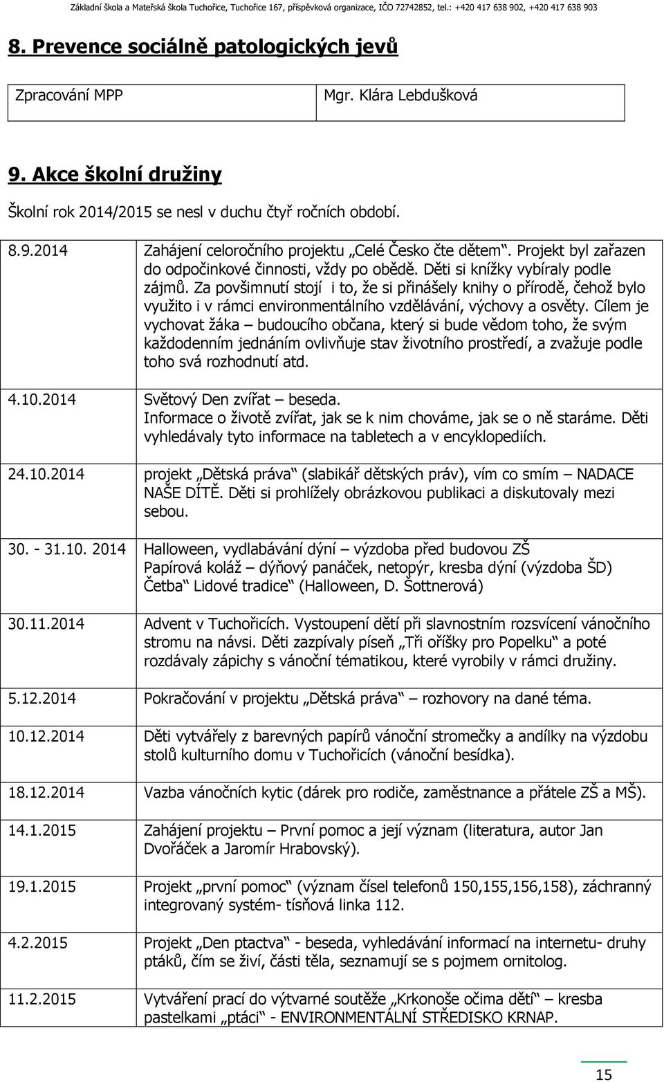 Za povšimnutí stojí i to, že si přinášely knihy o přírodě, čehož bylo využito i v rámci environmentálního vzdělávání, výchovy a osvěty.