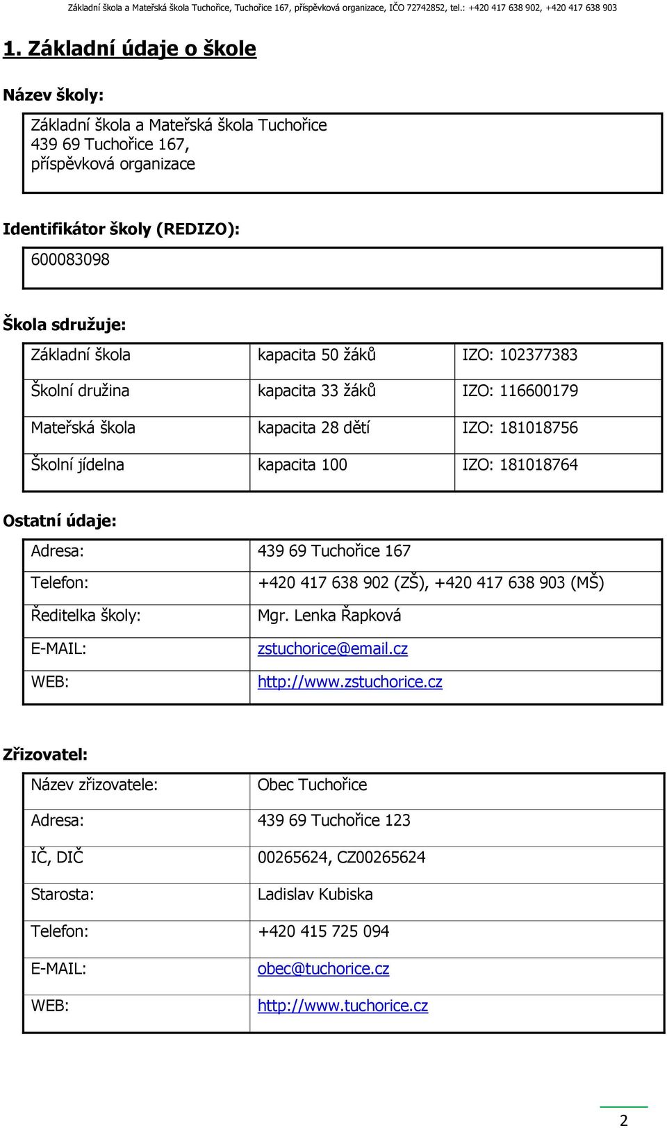 Adresa: 439 69 Tuchořice 167 Telefon: Ředitelka školy: E-MAIL: WEB: +420 417 638 902 (ZŠ), +420 417 638 903 (MŠ) Mgr. Lenka Řapková zstuchorice@