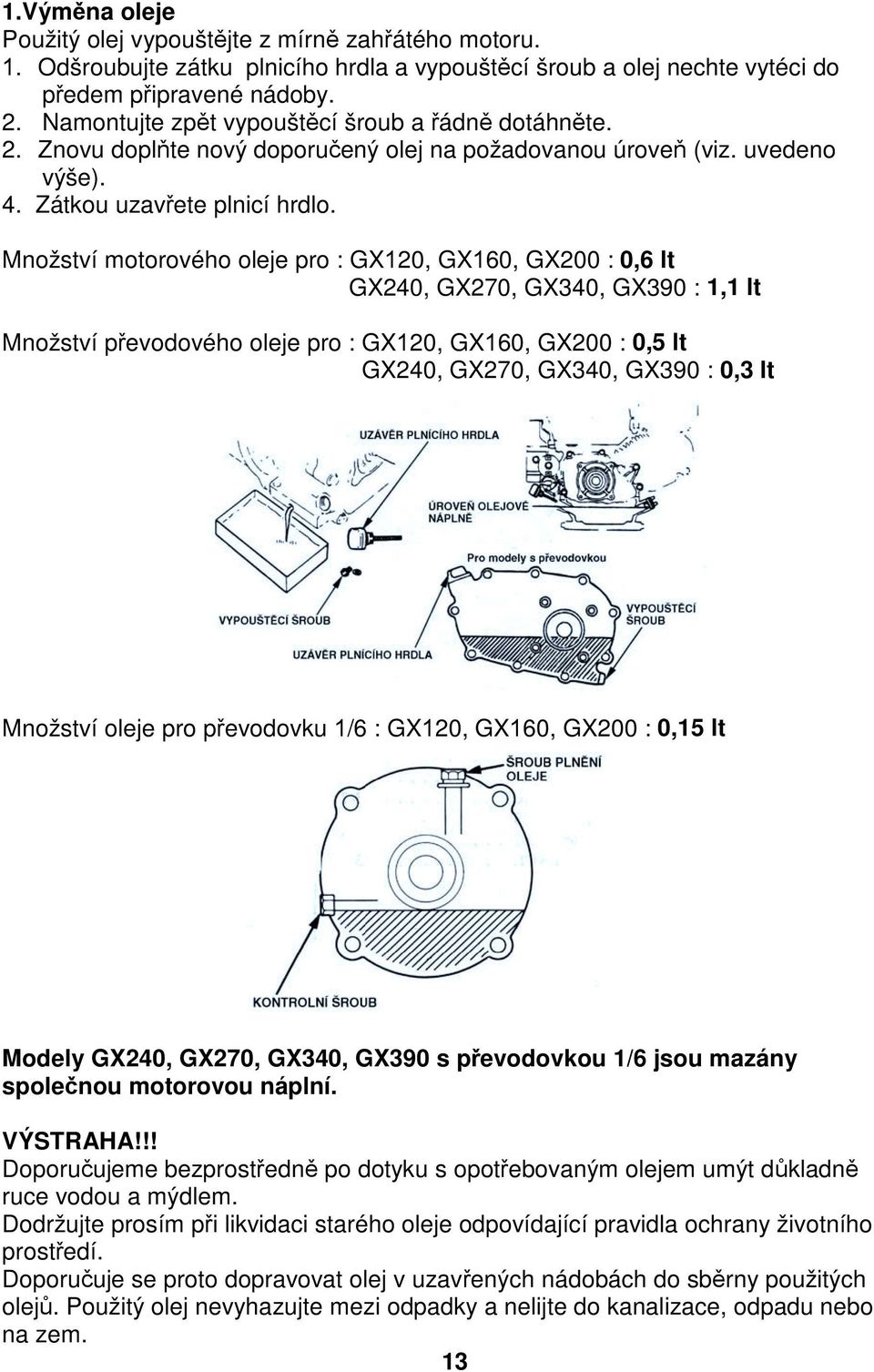 Množství motorového oleje pro : GX120, GX160, GX200 : 0,6 lt GX240, GX270, GX340, GX390 : 1,1 lt Množství převodového oleje pro : GX120, GX160, GX200 : 0,5 lt GX240, GX270, GX340, GX390 : 0,3 lt