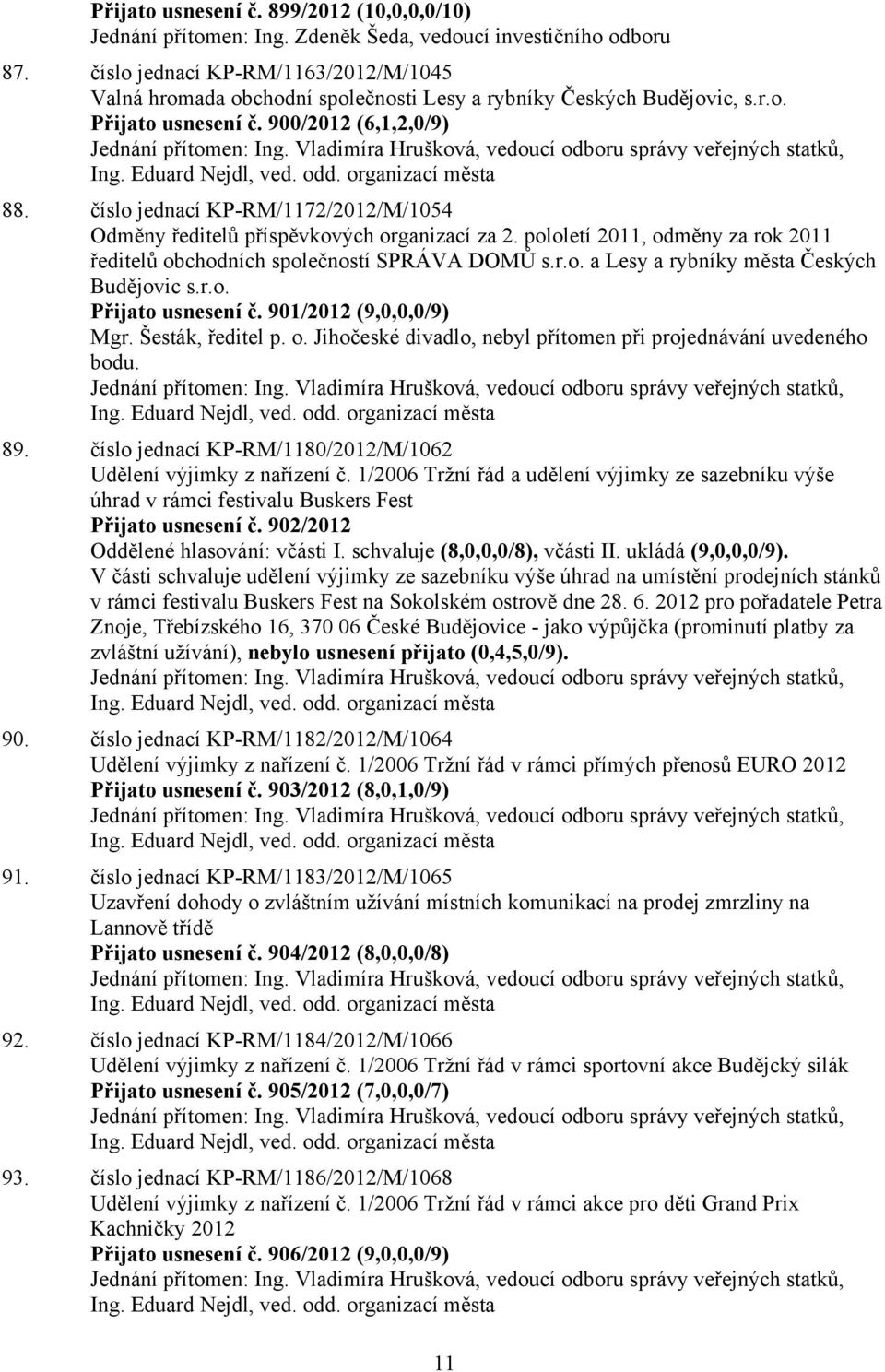 Vladimíra Hrušková, vedoucí odboru správy veřejných statků, Ing. Eduard Nejdl, ved. odd. organizací města 88. číslo jednací KP-RM/1172/2012/M/1054 Odměny ředitelů příspěvkových organizací za 2.